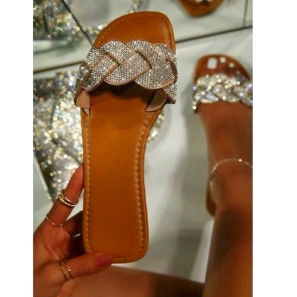 Shoes - !! NEW !! Embellished Slides Sandals in Tan